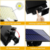 luz solar exterior， Lámpara de pared solar con 346 LED, sensor de movimiento, luz de seguridad exterior/interior solar, 3 modos de iluminación, 3-cabezal de luz de inundación solar, montaje semi empotrado, baja tensión, control de botón - details 4