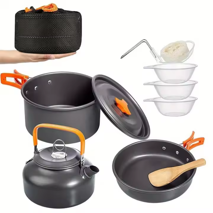 Cocina Portátil BOPORO Kit de Acampar con Ollas de Aluminio Livianas para Exteriores Set de Utensilios de Mesa y Elementos Esenciales de Cocina - 1