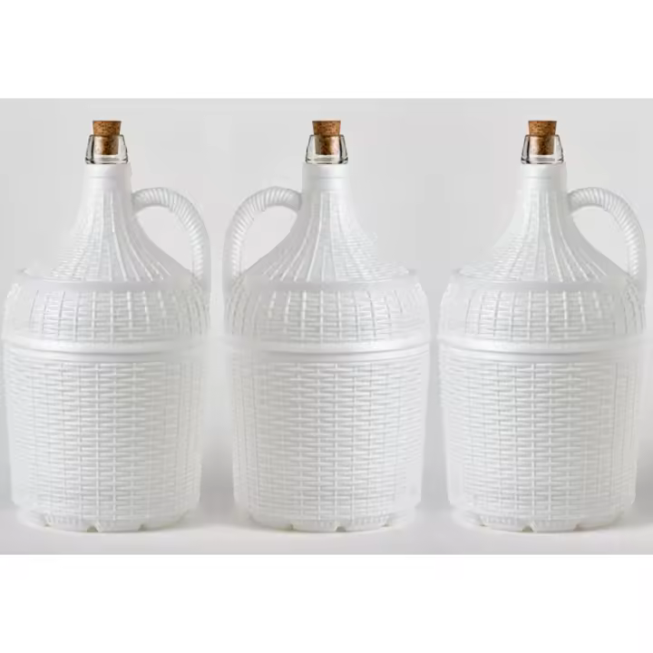 Evocalo Pack 3 Garrafas Damajuanas Garrafones 5 litros Cristal Forrado Plástico Blanco Alto Gramaje, Corcho Natural Ajuste Perfecto Incluye Recambios Corcho - 1