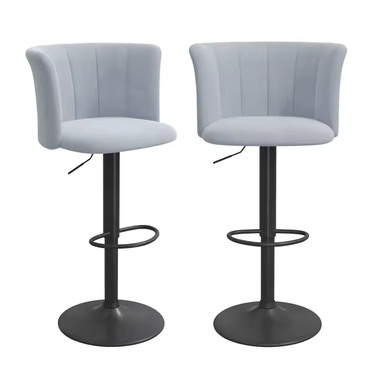 Juego de 2 taburetes de bar de altura ajustable, tela de terciopelo de seda, taburete giratorio de 360° con respaldo para cocina, comedor - 1