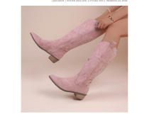 Botas De Vaquero Bordadas Para Mujer Con Punta Puntiaguda Y Tacón Grueso Botas Largas De PU Cuero Falso Botas De Rodilla Alta Para Otoño - details 3
