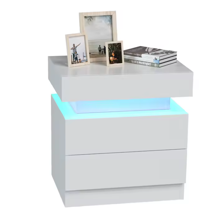 Mesilla de noche LED con 2 cajones, función abatible, tira de luz de 1 m, 45x35x52cm - 1