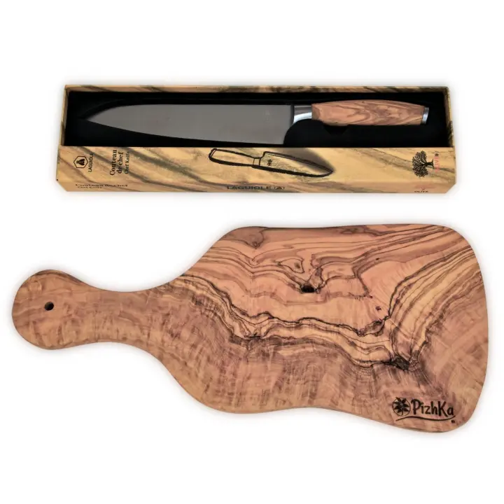 PizhKa - Set de Regalo en MADERA DE OLIVO Tabla de Cortar Pequeña con Asa +Cuchilo Chef mango MADERA DE OLIVO (Set14) - 1