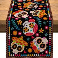 Mantelos De Lino Tejidos Con Estampado De Rosas Y Calaveras Para Decoración De Fiesta Del Día De Muertos Y Halloween Mantel Lavable Para Comedor De Casa Y Cocina - details 9