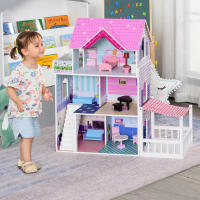 HOMCOM Casa de Muñecas de 3 Pisos con Patio 86x30x87 cm Muebles Accesorios Completos Diseño Lindo Casita Muñecas de Juguete Madera Rosa - details 1