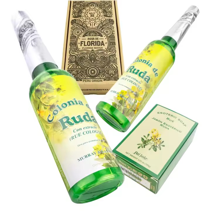 MUT22 2 Colonia de Ruda + Jabón de Ruda de Perú 100% Original - Botellas de 220 ml para Limpieza y Protección Espiritual - Marca de confianza - Ambientadores de Hogar - 1