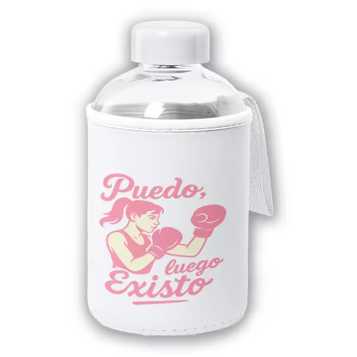 MERCHANDMANIA Bidón cristal con Funda soft shell frase motivadora puedo luego existo tapon seguridad botella - 1