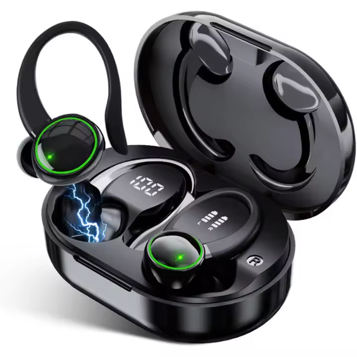 Auriculares Inalámdricos, Auriculares Bluetooth 5,3, Auriculares Inalámstricos Estéreo HiFi, Auriculares para Correr with Gancho, Auriculares with Cancelación de Ruido 40H/LED, IP7 Agua Resistant (Negro) - 1