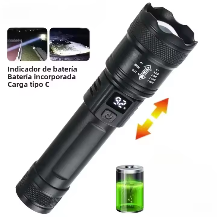 Linterna Telescopio LED Potente 9900LM Recargable USB Con Pantalla De Batería Luz Exterior Para Camping Pesca - 1