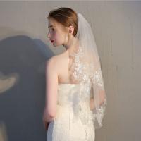 Velo De Novia Con Encaje Y Lentejuelas Corto 2 Capas Tulle Suave En Blanco Y Algodón Para Mujer Con Cinta En La Cintura - details 1