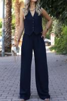 Conjunto de mujer, traje de señora para primavera y verano, chaleco sin mangas con cuello en V, pantalones wide-leg de corte relajado y caída fluida, conjunto casual. - details 5