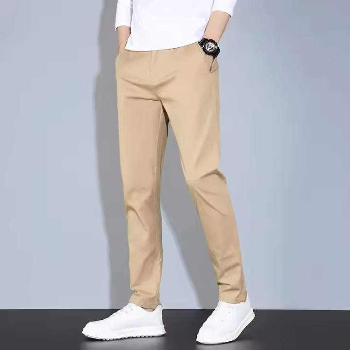 Pantalones De Verano Casuales Para Hombre En Caqui Y Gris Cintura Elástica Comodidad Ultrafinos De Seda Helada Pantalones Negocios Estilo Recto Ropa De Marca - 1