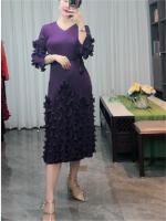 Vestido Elegante De Mujer 2024 Pleated Miyak Primavera Otoño V-Neck Suéter Beaded Exquisito Cinturón A-Line Midi Vintage Polyester - details 3