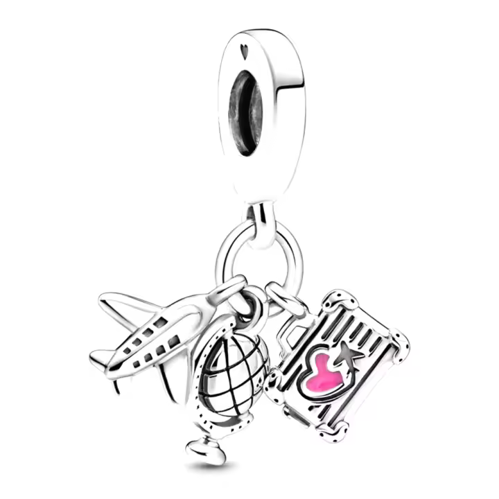 Pandora Charm de Colgante en Plata de Ley Colgante de Avión, Globo Terráqueo y maleta 799435C01，Incluye Caja Original - 1