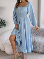 Vestido Largo Elegante De Verano Con Cuello Cuadrado Y Mangas Largas Para Damas De Honor Vestido De Mujer Con Borde Volante Y Cintura Alta - details 23