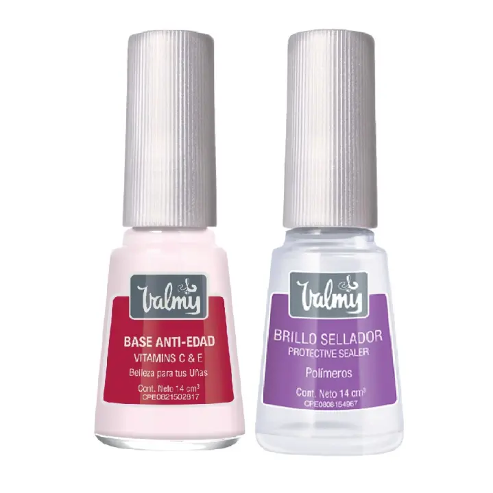 VALMY Tratamiento Hidratante y Fortalecedor de Uñas | Base Anti Edad con Vitaminas C y E + Top Coat Brillo Sellador | Esmaltes de Uñas Protectores y Endurecedores, 14ml C/u (2 Unidades) - 1
