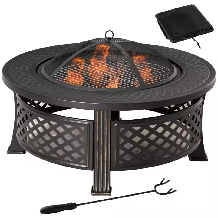 Outsunny Brasero con Atizador Protección Contra Chispas Brasero Mesa Redonda Brasero para Jardín Camping Barbacoa Acero Negro 81 x 81 x 50 cm - 1