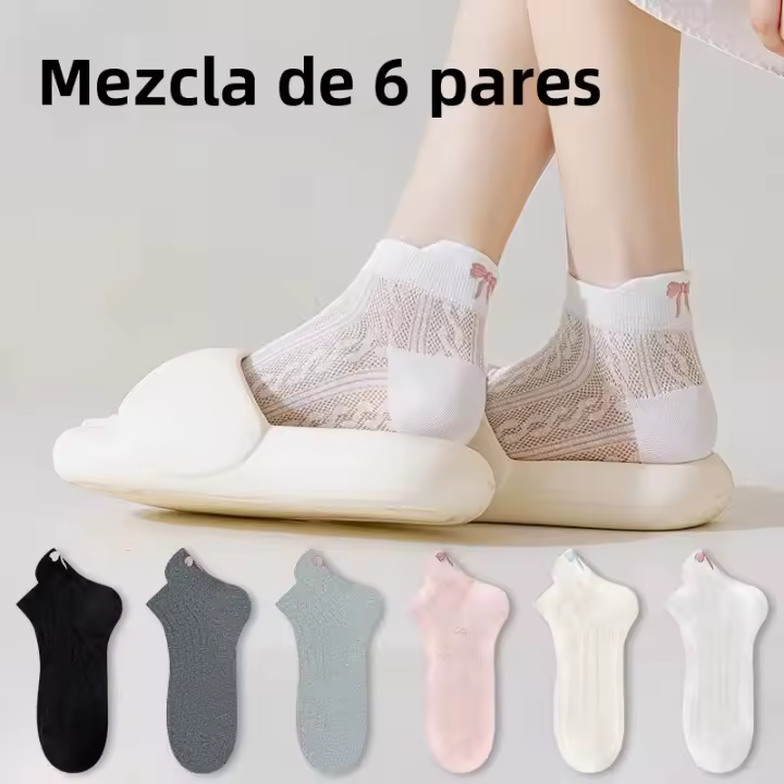 Calcetines Cortos Para Mujer Con Lazo Impreso 6/12 Pares Absorbentes De Humedad Transpirables Malla Suave Y Cómoda Para Verano - 1