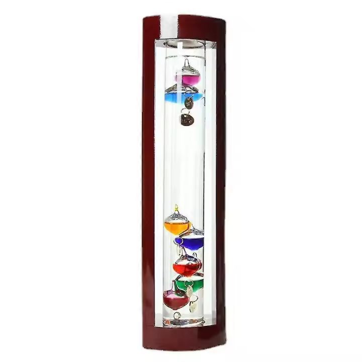 Glass Galileo Thermometer, A  Design with  Multi-Colored Spheres in a Cherry Finished Wood Frame 10*-yezi - 1