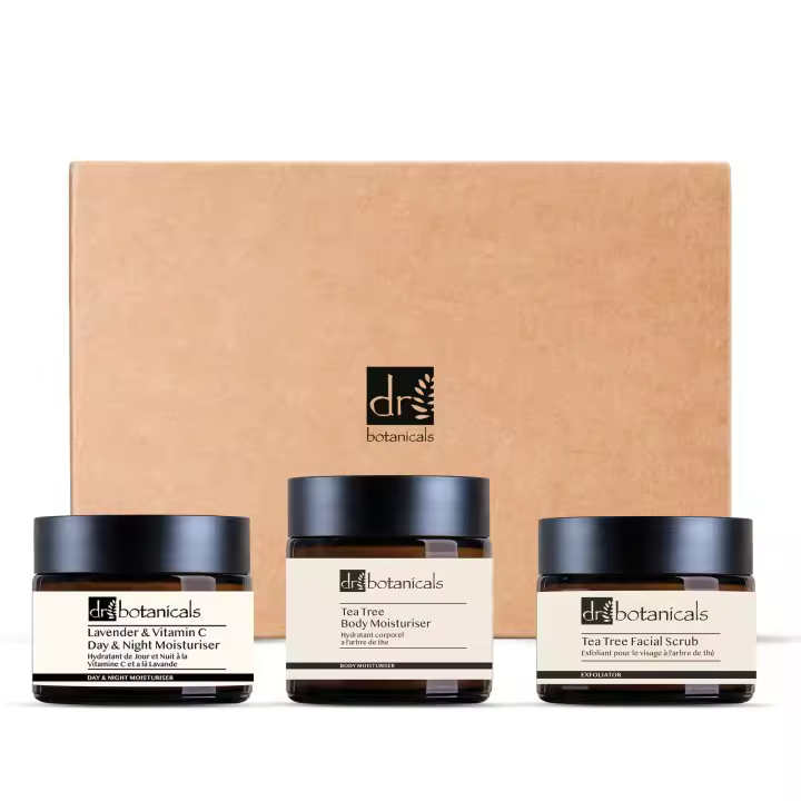 Dr Botanicals Exfoliante facial de árbol de té, hidratante corporal y crema hidratante de lavanda y vitamina C para el día y la noche - 1