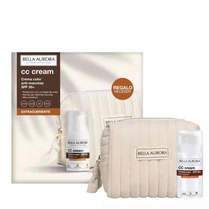 BELLA AURORA Pack CC Cream Antimanchas Extra Cubriente SPF 50+ 30ml + Neceser Regalo | Crema Color Alta Protección UVA UVB IR HEV | Atenúa Manchas Oscuras y Ofrece Cobertura Total - 1