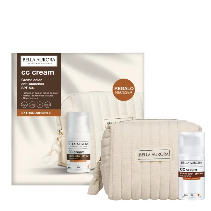 BELLA AURORA Pack CC Cream Antimanchas Extra Cubriente SPF 50+ 30ml + Neceser Regalo | Crema Color Alta Protección UVA UVB IR HEV | Atenúa Manchas Oscuras y Ofrece Cobertura Total - 1