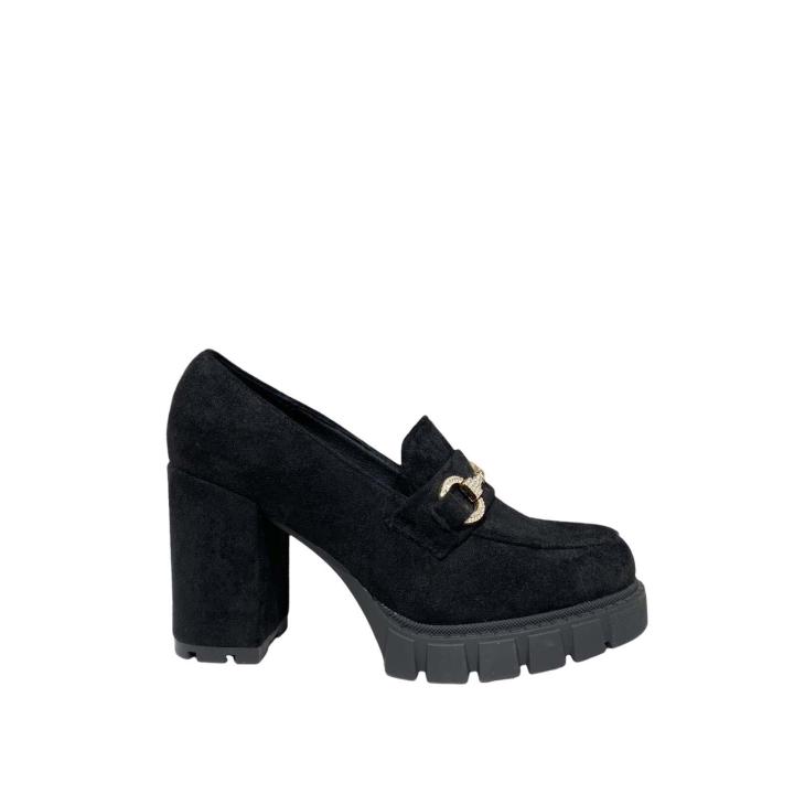 MIREYA Mocasines de Tacón Alto y Ancho para Mujer -Zapatos Mocasín para Mujeres -Elegancia en Antelina con Cadena Metálica y Piedras Brillantes 7766-01