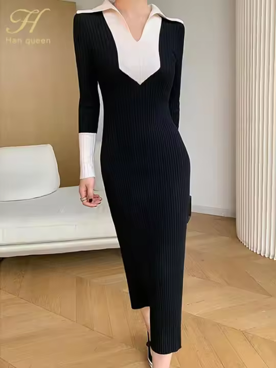 Vestido Elegante De Lana Con Bloque De Colores Y Encaje H Han Queen Para Oficina Y Fiesta Vestido Largo De Manga Larga Para Mujer Moda Otoño - 1