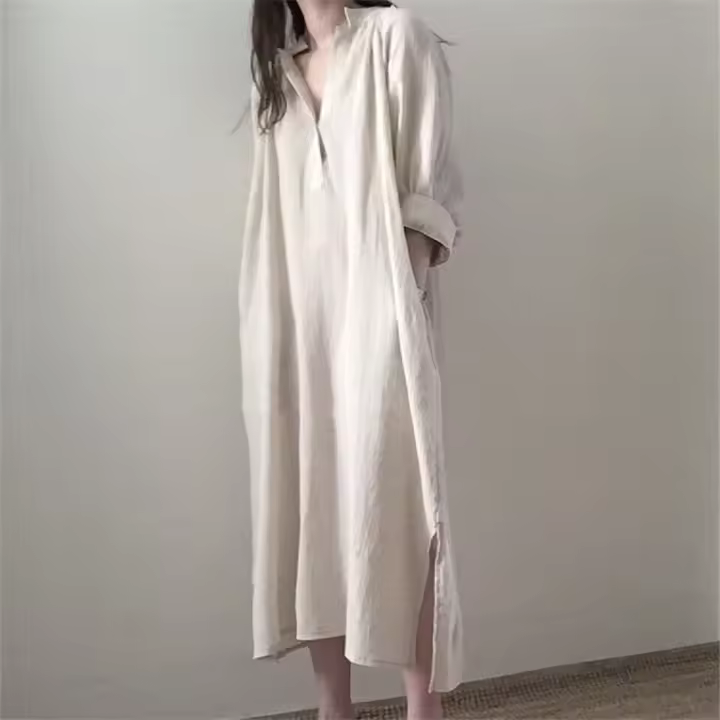 Vestido Largo Recto Elegante De Cuello V Con Abertura Lateral Para Mujer REALEFT Verano 2024 Algodón Y Lino Estilo Coreano - 1