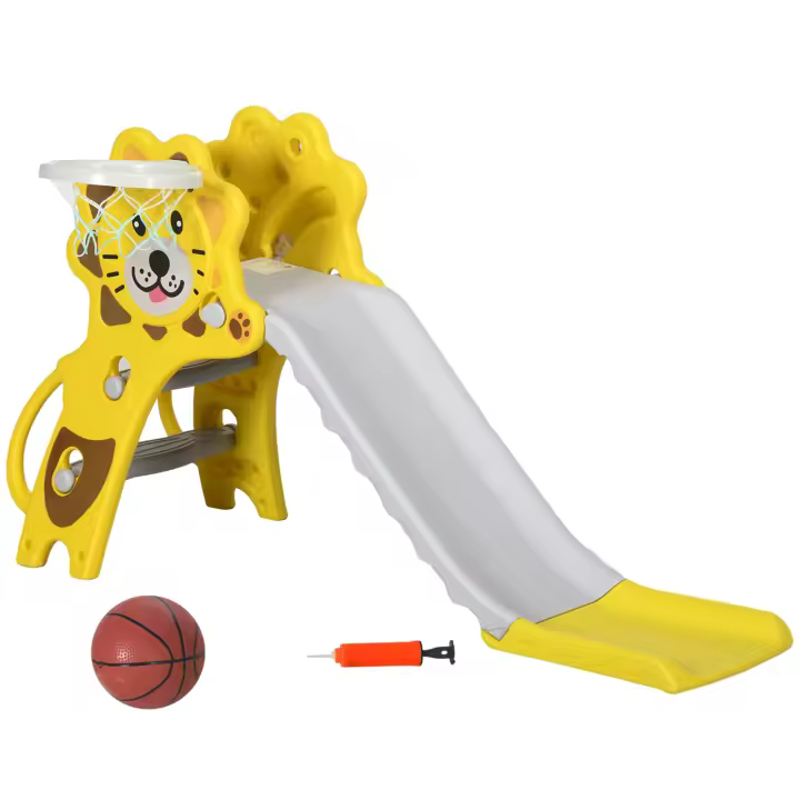 AIYAPLAY Tobogán Infantil 2 en 1 Tobogán para Niños de 18 a 36 Meses con 2 Escaleras 1 Canasta de Baloncesto y Patrón de León para Interior 131x50x74 cm Amarillo y Gris - 1