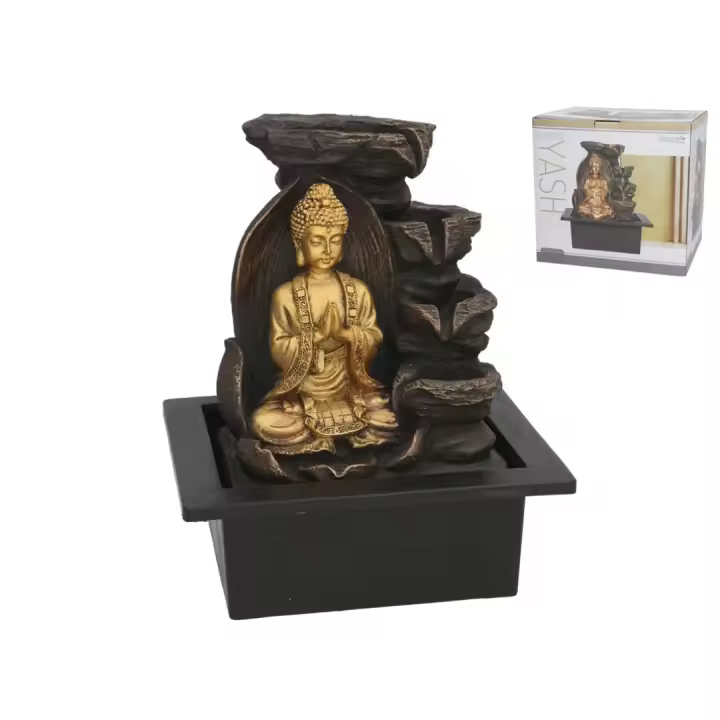 Gissed "Fuente Decorativa de Buda con Iluminación LED – Relajante Cascada de Agua para Hogar y Oficina – Diseño Zen con Acabados en Dorado y Negro – Ideal para Meditación, Feng Shui y Espacios de Relajación – Fuente de Agua con Motor Silencioso – Tamaño 2 - 1