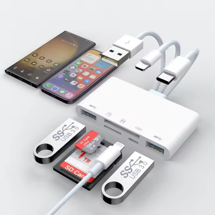 Lector de Tarjetas SD TF 5 en 1para iPhone/iPad/Android/Mac Book/Ordenador/Cámara,Adaptador USB OTG USB C y USB a con Ranuras - 1