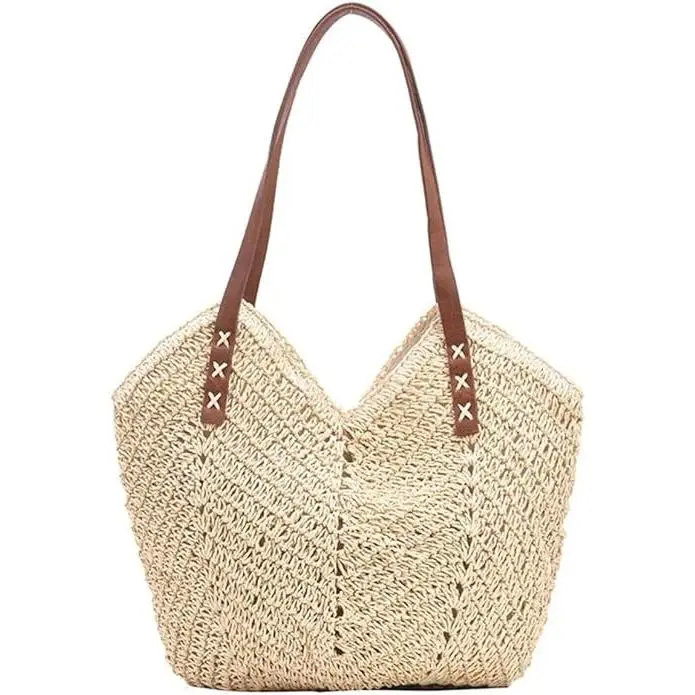 Bolso de mano tejido de paja para mujer, bolso de mano de gran capacidad para playa, para verano, para viajes, bolso de hombro con cremallera - 1