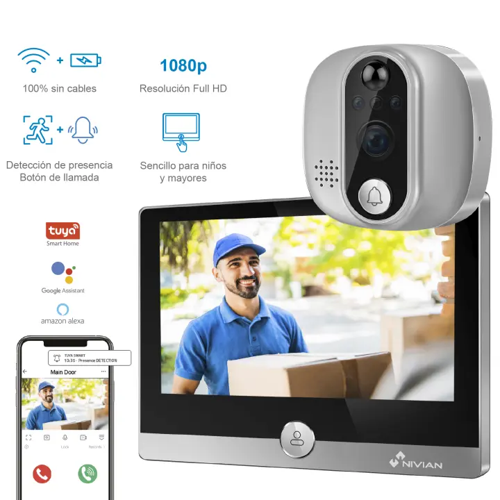 NIVIAN Mirilla Digital WiFi - Cámara vídeo Full HD con Batería y Timbre, Audio Bidireccional, Detección PIR y Visión Nocturna | App y Control por Smartphone - 1