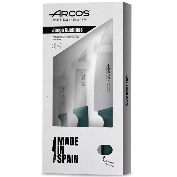 ARCOS Niza - Set de 3 Cuchillos de Cocina (110, 150 & 200 mm) - Color Azul Metalizado - Hoja de Acero Inoxidable Nitrum® - Mangos de Polipropileno (PP) - Estuche Regalo - 1