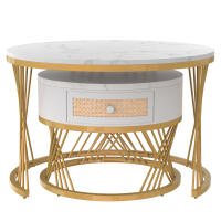 Mesa de Centro Redonda 2 en 1 de MDF con tapa de mármol y Mesa Auxiliar Con Cajones de plástico, Tiradores de Madera maciza. Pata de Hierro Dorado. 70*70*45,5 + 50*50*38,5 cm - details 3