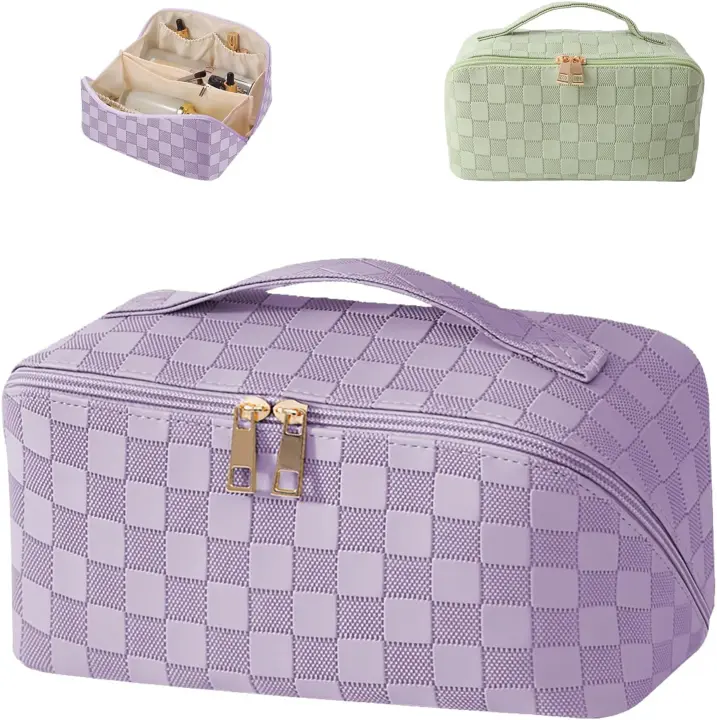 Verde Bolsa de Maquillaje Impermeable de Cuero PU con ASA y Divisor - 1
