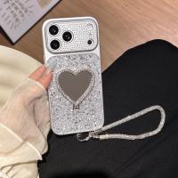 Funda De Teléfono Brillante Con Corazón Y Cordón Para iPhone 17 pro Max 16 Con Soporte Espejo Y Correa Protectora De Material TPU Diseño De Amor - details 1