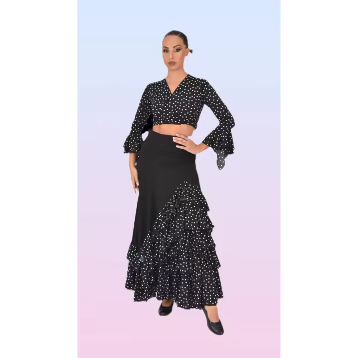 Conjunto Flamenco de Dos Piezas con Top Cruzado y Falda de Volantes a topos - 1