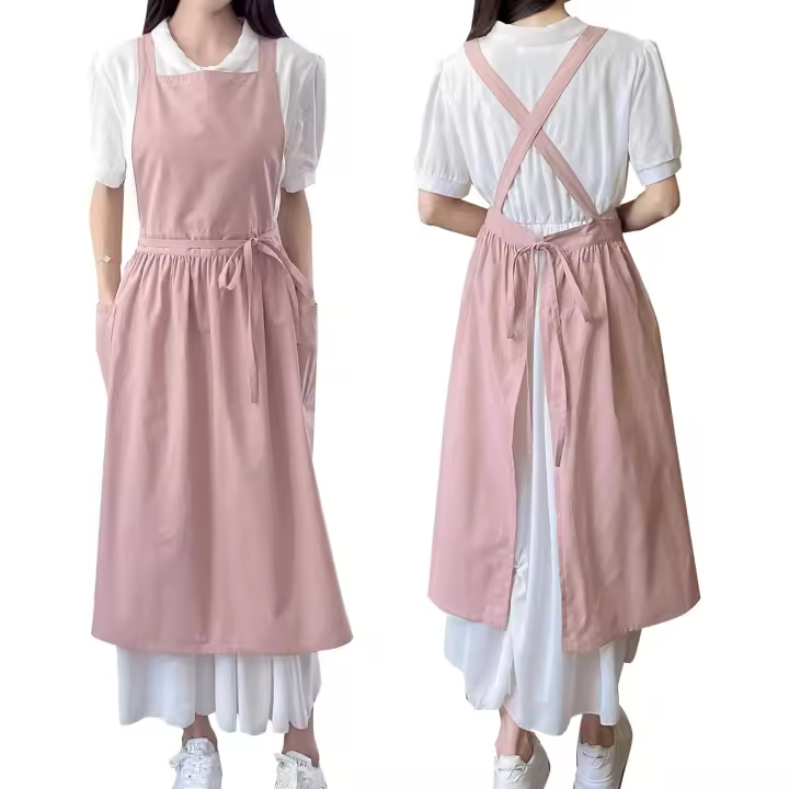 Delantal De Lino Y Algodón Para Mujer Con Bolsillos Y Espalda Cruzada Para Jardinería Y Cocina Estilo Bib Sin Mangas - 1