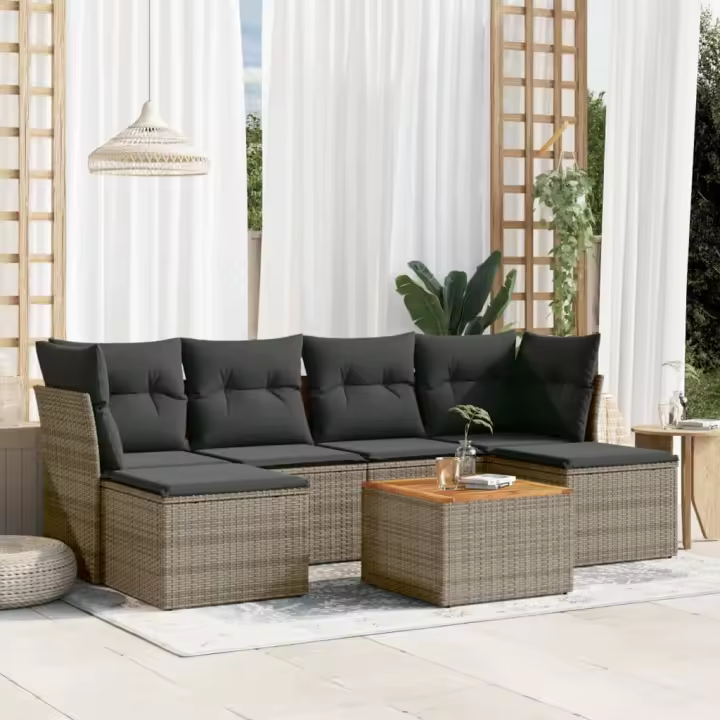 vidaXL Set de sofás de jardín 7 piezas con cojines ratán PE gris - 1