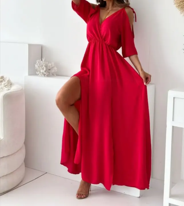 Vestido De Mujer Verano Moda Casual Hombros Descubiertos Cuello En V Color Sólido Ajustado Corte Asimétrico Largo Hasta El Tobillo - 1