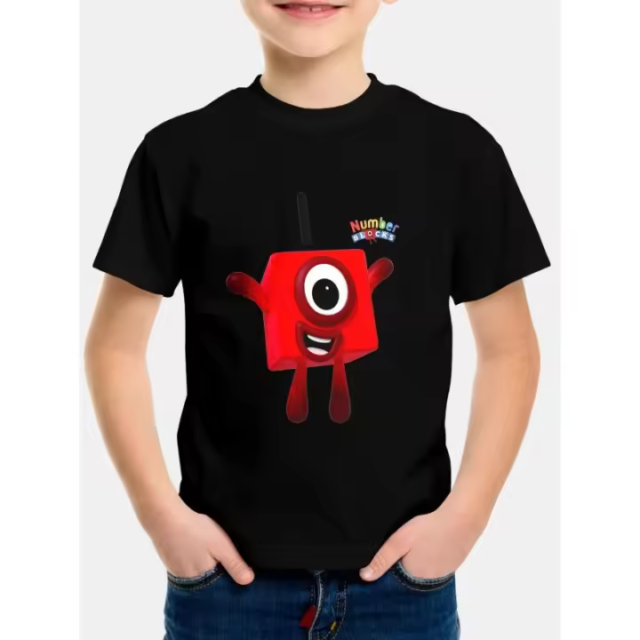 Camiseta De Niños Con Bloques De Números Cartoon Y Negro Manga Corta Estilo Inglés Microfibra Verano Para Niños Boys - 1