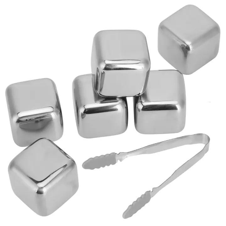 Cubitos de hielo reutilizables de acero inoxidable 304 para vino, whisky, bebidas, suministros para fiestas, 6 unidades con pinzas para hielo - 1