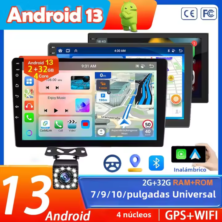 Reproductor Multimedia Para Coche Android 13 Con Android Auto Carplay WIFI GPS Universal Para Hyundai Nissan Toyota Kia Pantalla Táctil 7-10 Pulgadas RAM 2G ROM 32G - 1