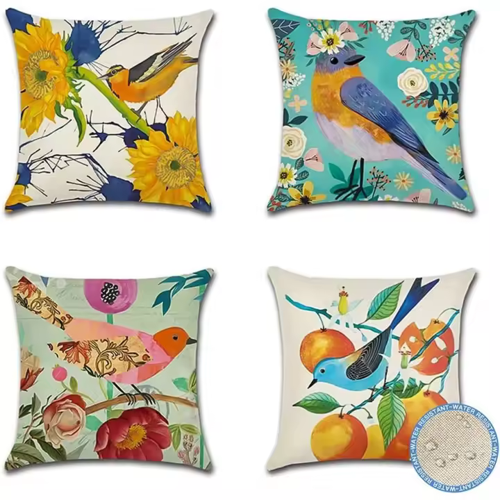 Juego de 4 fundas de juguete Decorativas de 45x45 cm, fundas de almohada impermeable with Diseño retro De Flores y Pájaros, Perfectas PARA EL counter del Jardín del Patio - 1