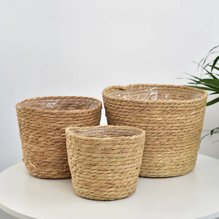 Cesta de flores de ratán de estilo nórdico en el Interior y en el Exterior, Cubierta de Macetas, Contenedores de Plantas, Natural (3-Pack), 16cm+20cm+25cm - 1