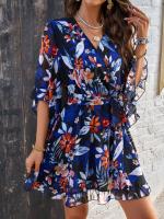 Vestido A-Line De Pierna Larga Para Mujer Con Estampado Floral Elegante Cuello V Manga Corta Estilo Casual Vestido De Verano Primavera - details 23