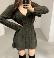 Vestido De Suéter Para Mujer Con Manga Larga Tejido En Cable Botón Abajo Mini Vestido A-Line Casual Para Otoño E Invierno Chic - details 2
