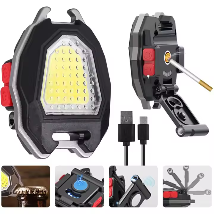 Linterna LED de emergencia multifunción con llavero: minilinterna USB recargable, resistente al agua, COB, con encendedor de cigarrillos para acampar y reparar luces de emergencia [Clase energética E] - 1